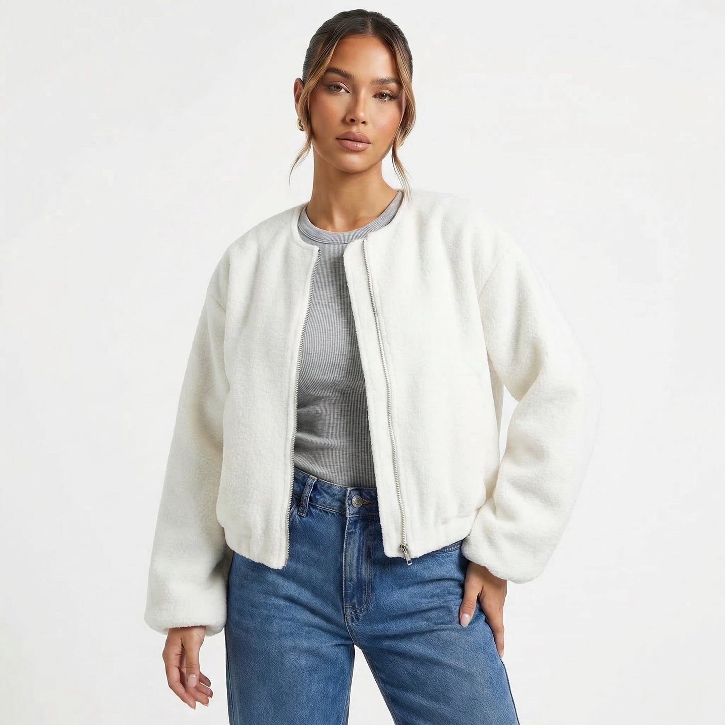Women's Collarless Cropped Zip-Up Casual Bomber Jacket