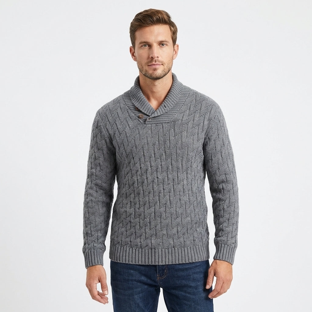 Men's Shawl Collar Cable Knit Button Neck Textured Winter Sweater