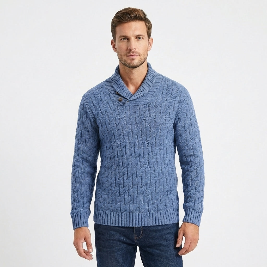 Men's Shawl Collar Cable Knit Button Neck Textured Winter Sweater