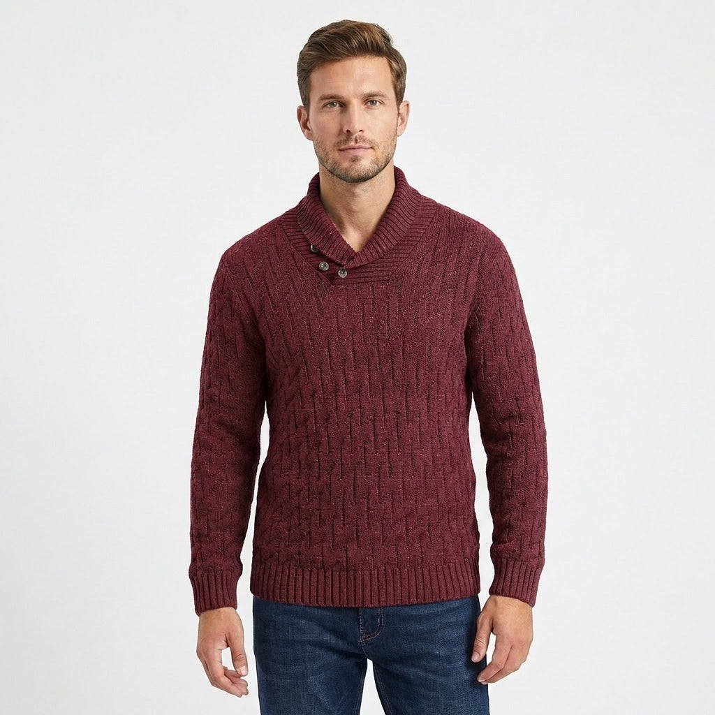 Men's Shawl Collar Cable Knit Button Neck Textured Winter Sweater