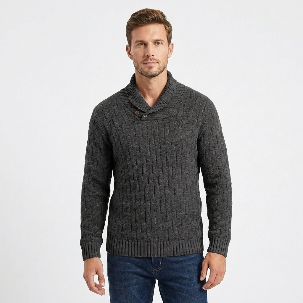 Men's Shawl Collar Cable Knit Button Neck Textured Winter Sweater