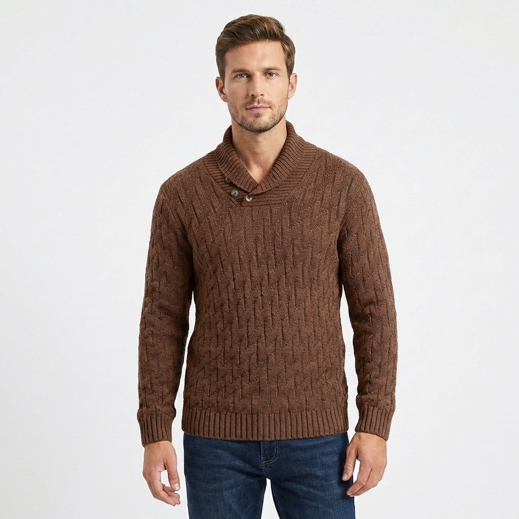 Men's Shawl Collar Cable Knit Button Neck Textured Winter Sweater