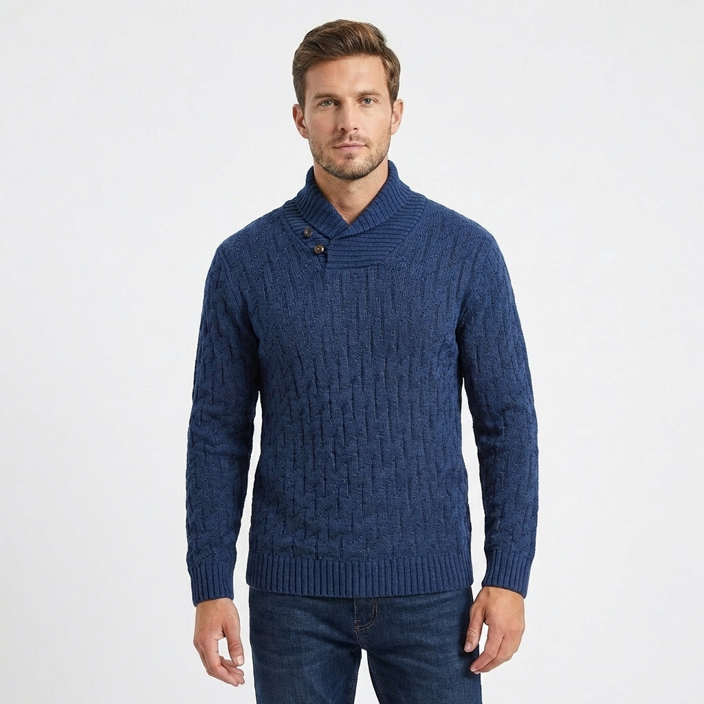 Men's Shawl Collar Cable Knit Button Neck Textured Winter Sweater