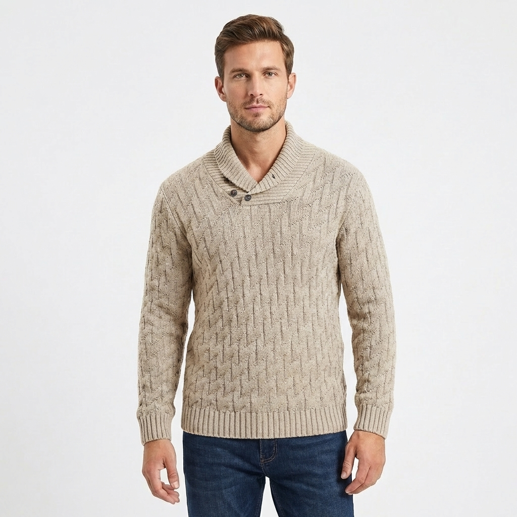 Men's Shawl Collar Cable Knit Button Neck Textured Winter Sweater