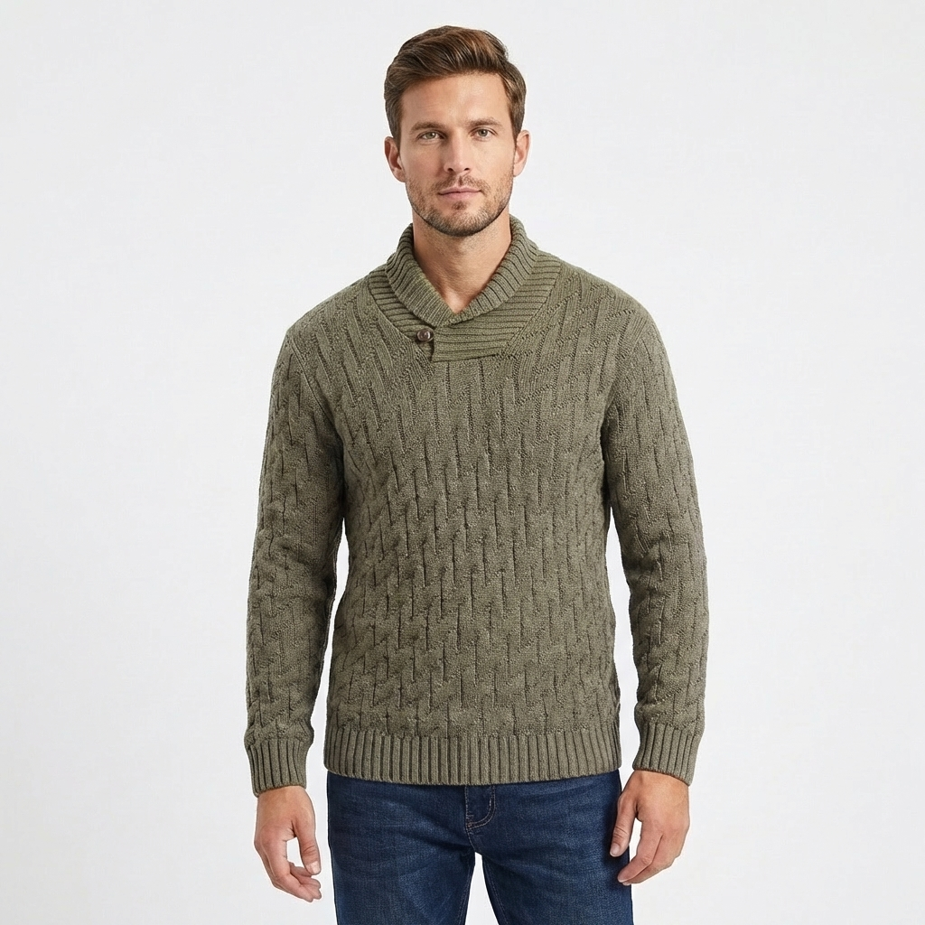 Men's Shawl Collar Cable Knit Button Neck Textured Winter Sweater