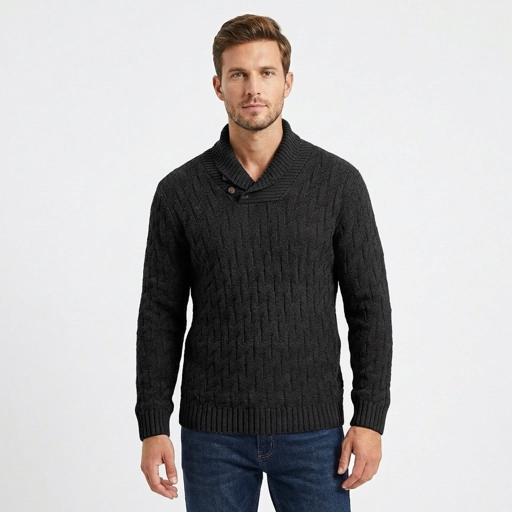 Men's Shawl Collar Cable Knit Button Neck Textured Winter Sweater