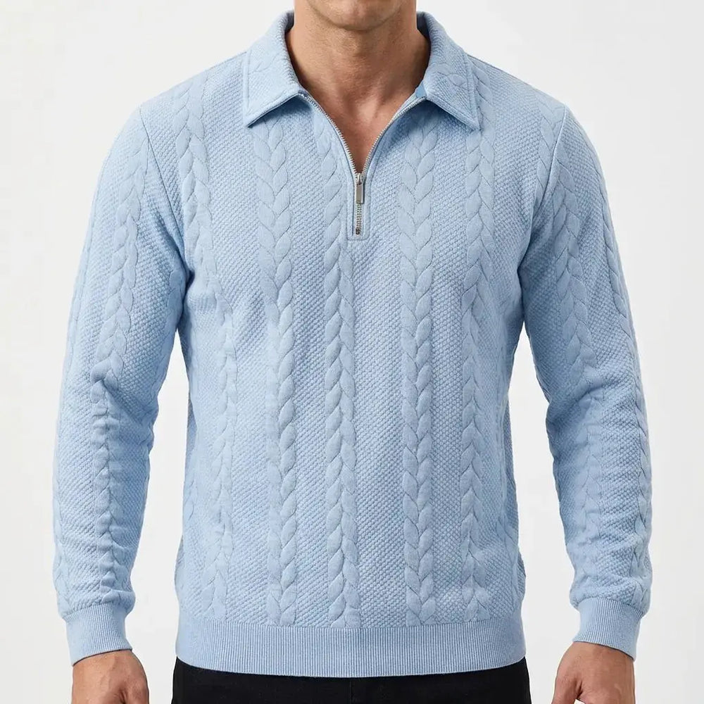 Men's Quarter-Zip Cable Knit Textured Long-Sleeve Polo Winter Sweater Oxford and Hill