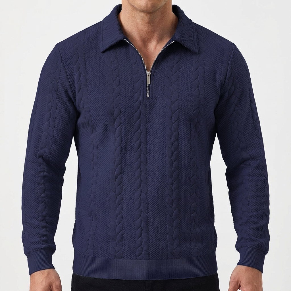Men's Quarter-Zip Cable Knit Textured Long-Sleeve Polo Winter Sweater