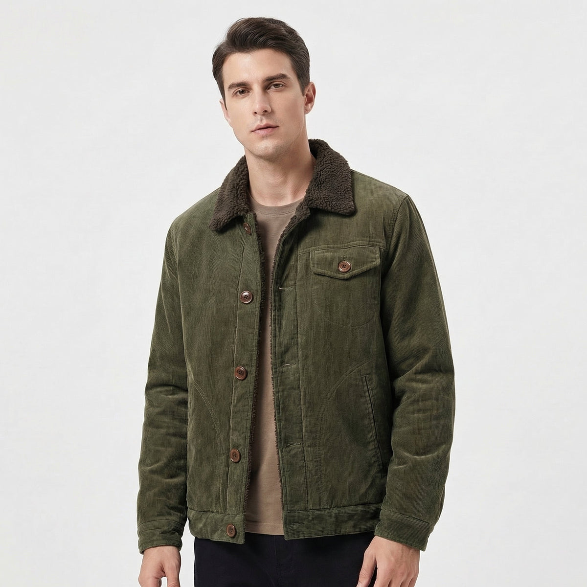 Men's Sherpa-Lined Fur Collar Corduroy Winter Jacket