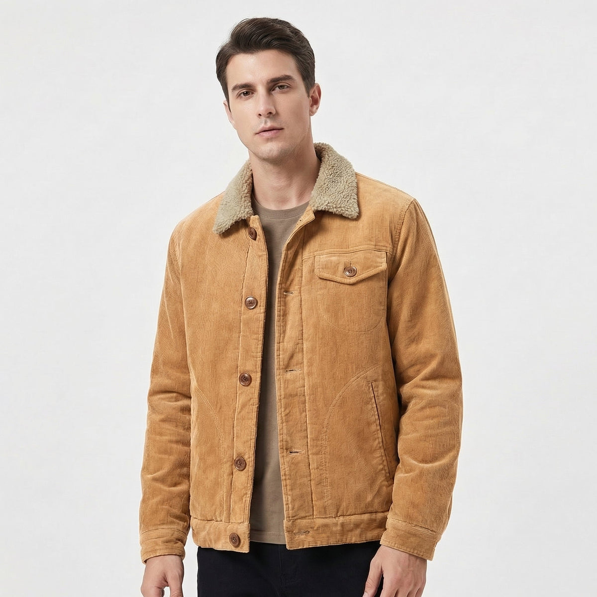 Men's Sherpa-Lined Fur Collar Corduroy Winter Jacket