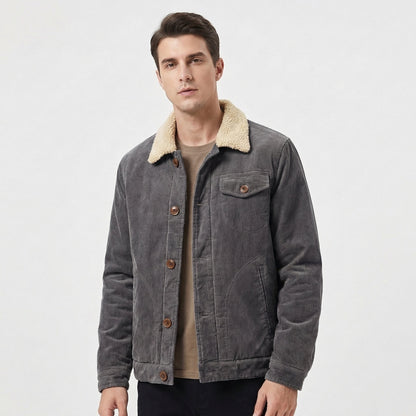 Men's Sherpa-Lined Fur Collar Corduroy Winter Jacket