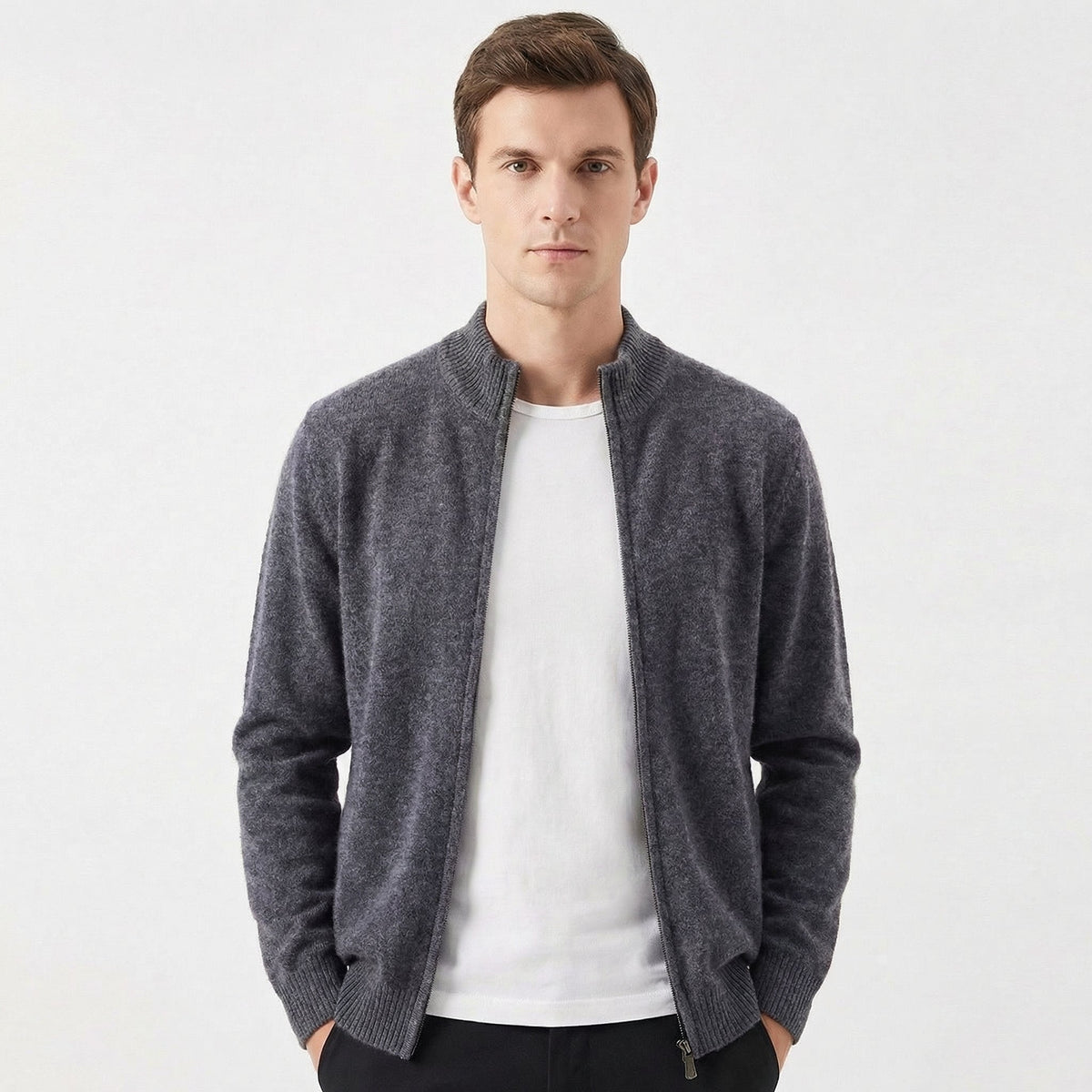 Men's Wool-Blend Slim-Fit Full-Zip Mock-Neck Winter Cardigan
