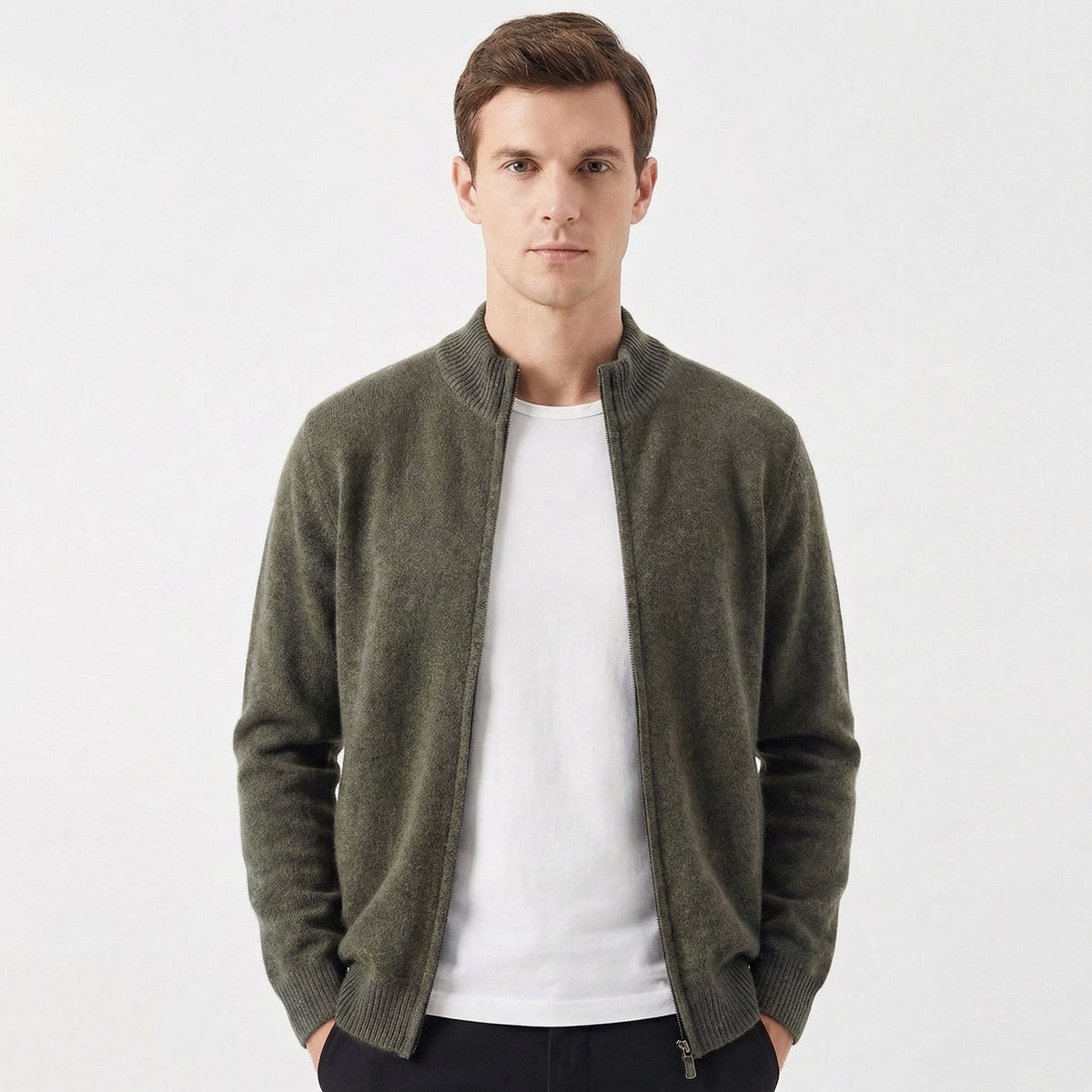 Men's Wool-Blend Slim-Fit Full-Zip Mock-Neck Winter Cardigan