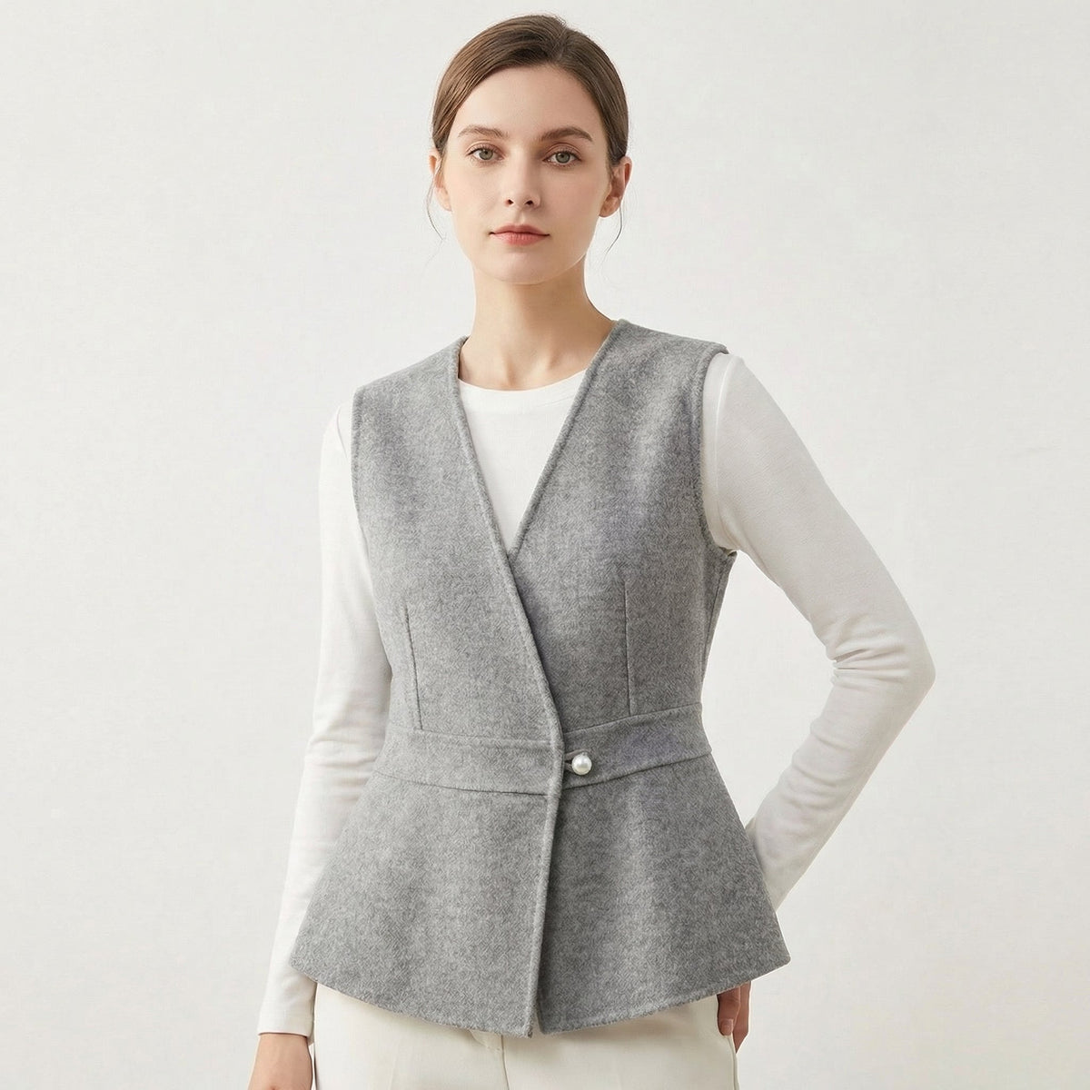 Women's Wool-Blend Peplum Vest Elegant Sleeveless Waistcoat with Pearl