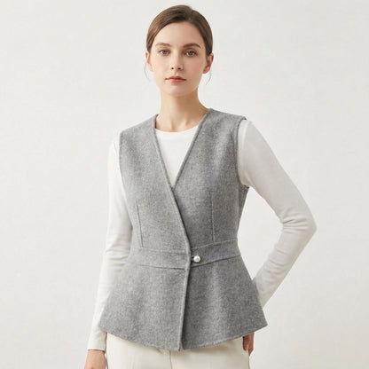 Women's Wool-Blend Peplum Vest Elegant Sleeveless Waistcoat with Pearl