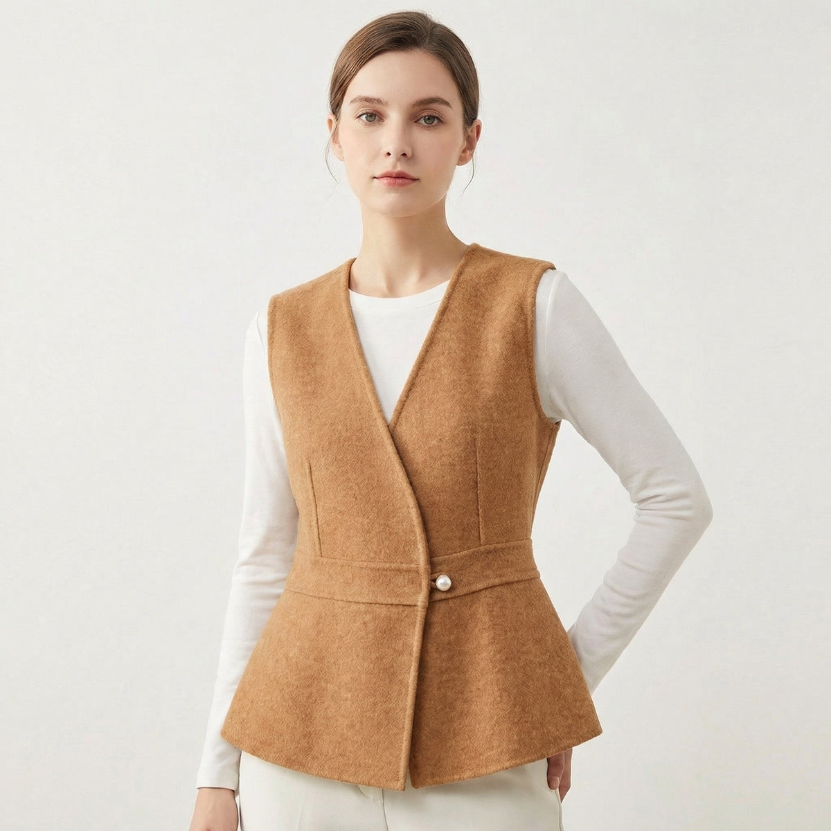 Women's Wool-Blend Peplum Vest Elegant Sleeveless Waistcoat with Pearl