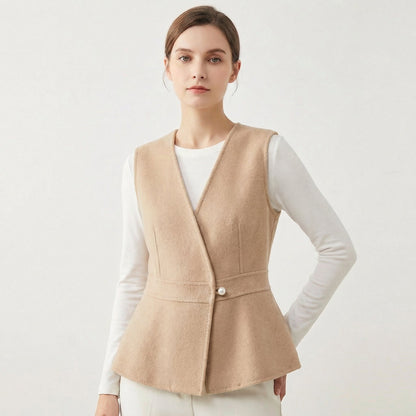 Women's Wool-Blend Peplum Vest Elegant Sleeveless Waistcoat with Pearl