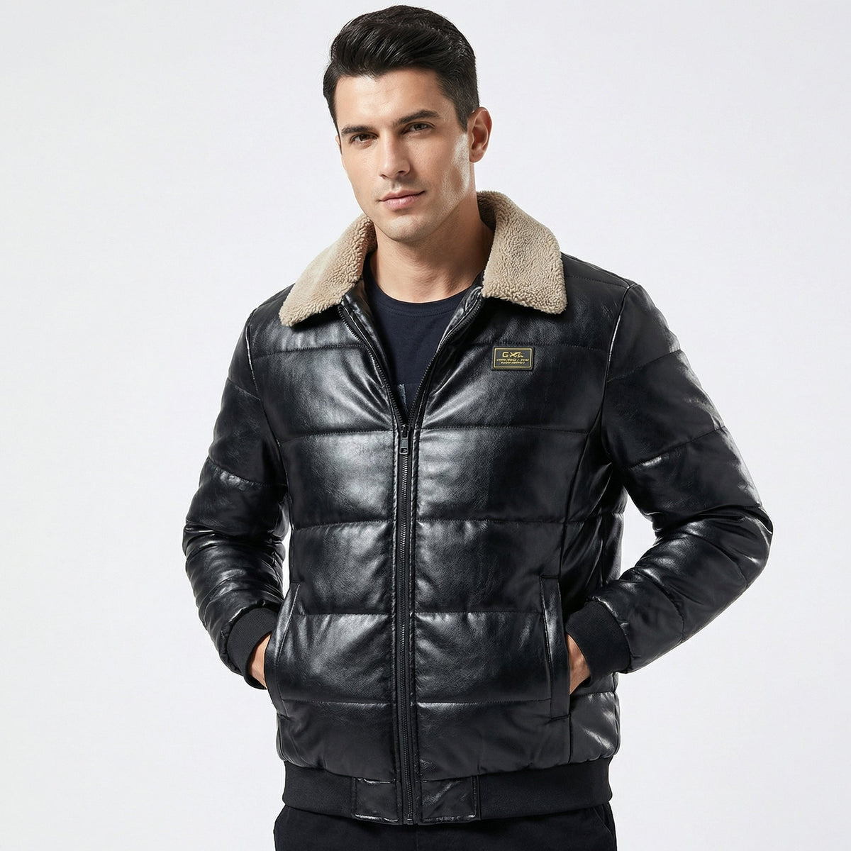 Women's Sherpa Collar Padded Faux Leather Winter Jacket