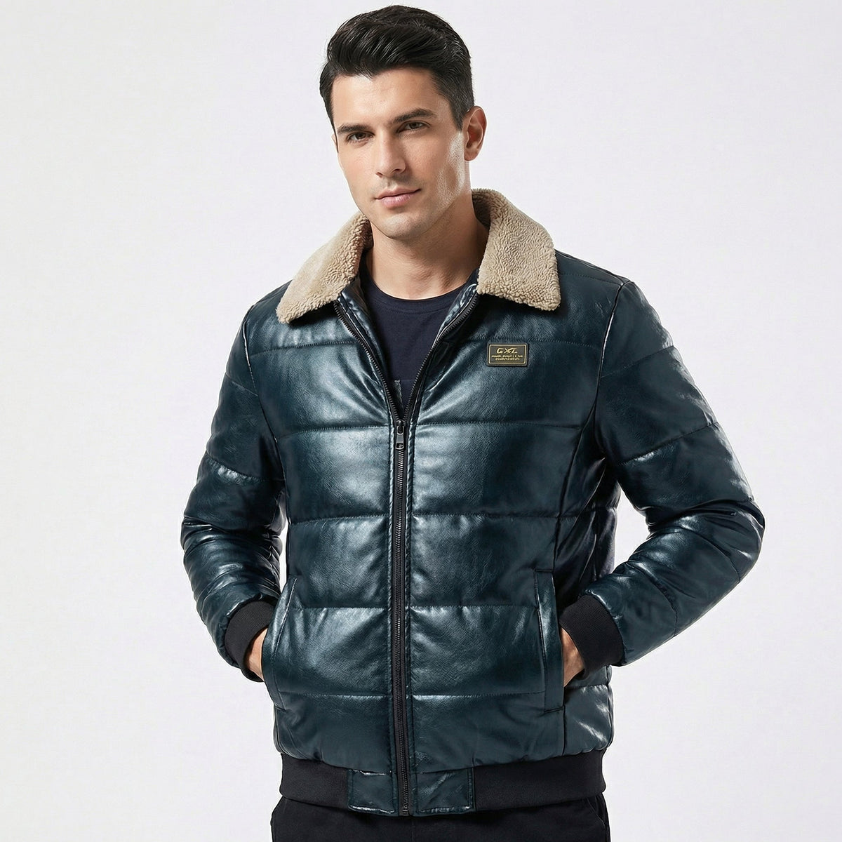 Women's Sherpa Collar Padded Faux Leather Winter Jacket