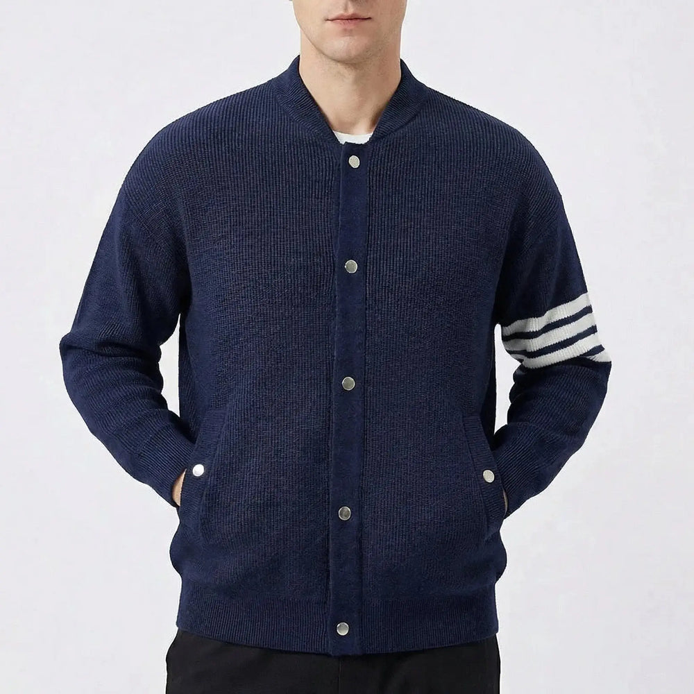 Men's Varsity Stripe Snap-Button Knit Bomber Cardigan Oxford and Hill