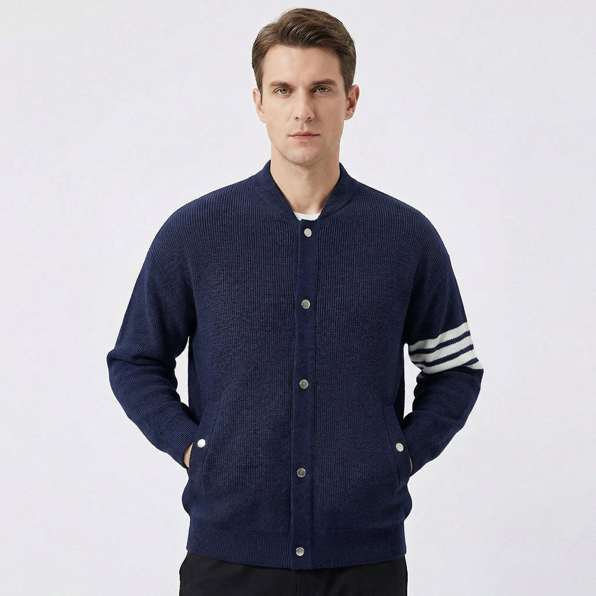 Men's Varsity Stripe Snap-Button Knit Bomber Cardigan