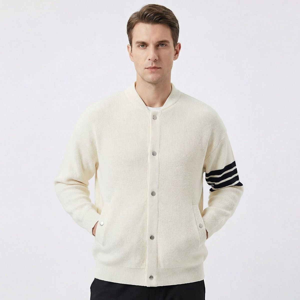 Men's Varsity Stripe Snap-Button Knit Bomber Cardigan
