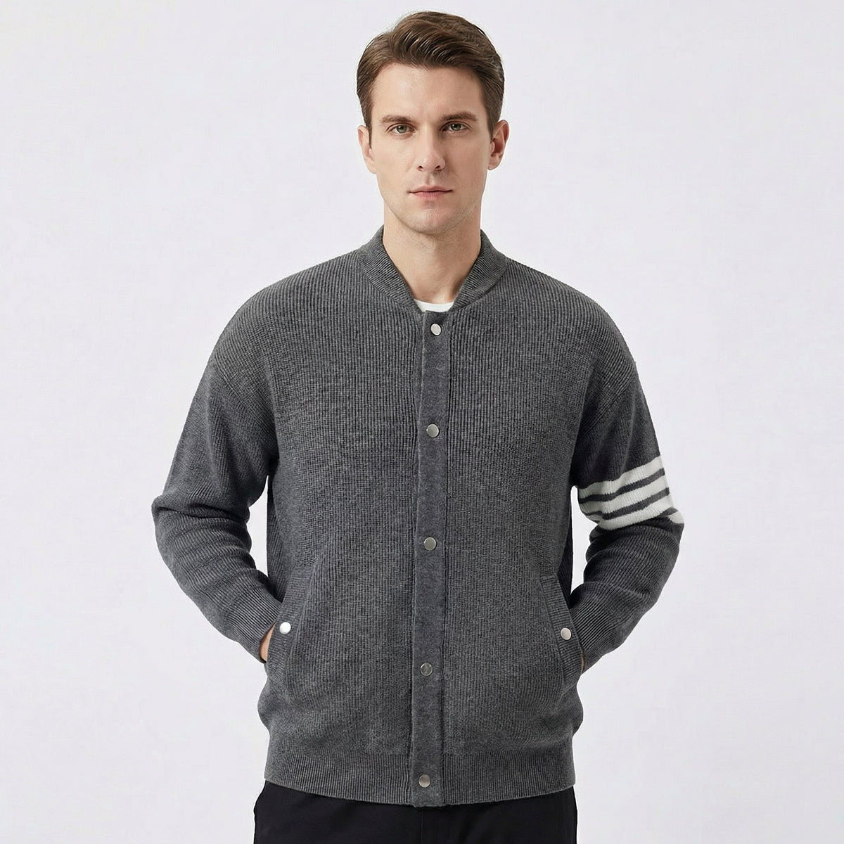 Men's Varsity Stripe Snap-Button Knit Bomber Cardigan