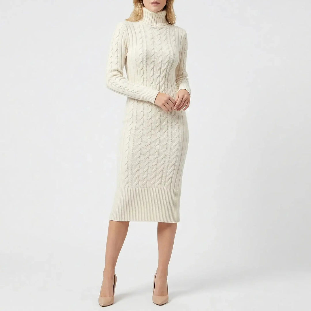 Women's Cable Knit Turtleneck Ribbed Hem Midi Sweater Winter Dress Oxford and Hill