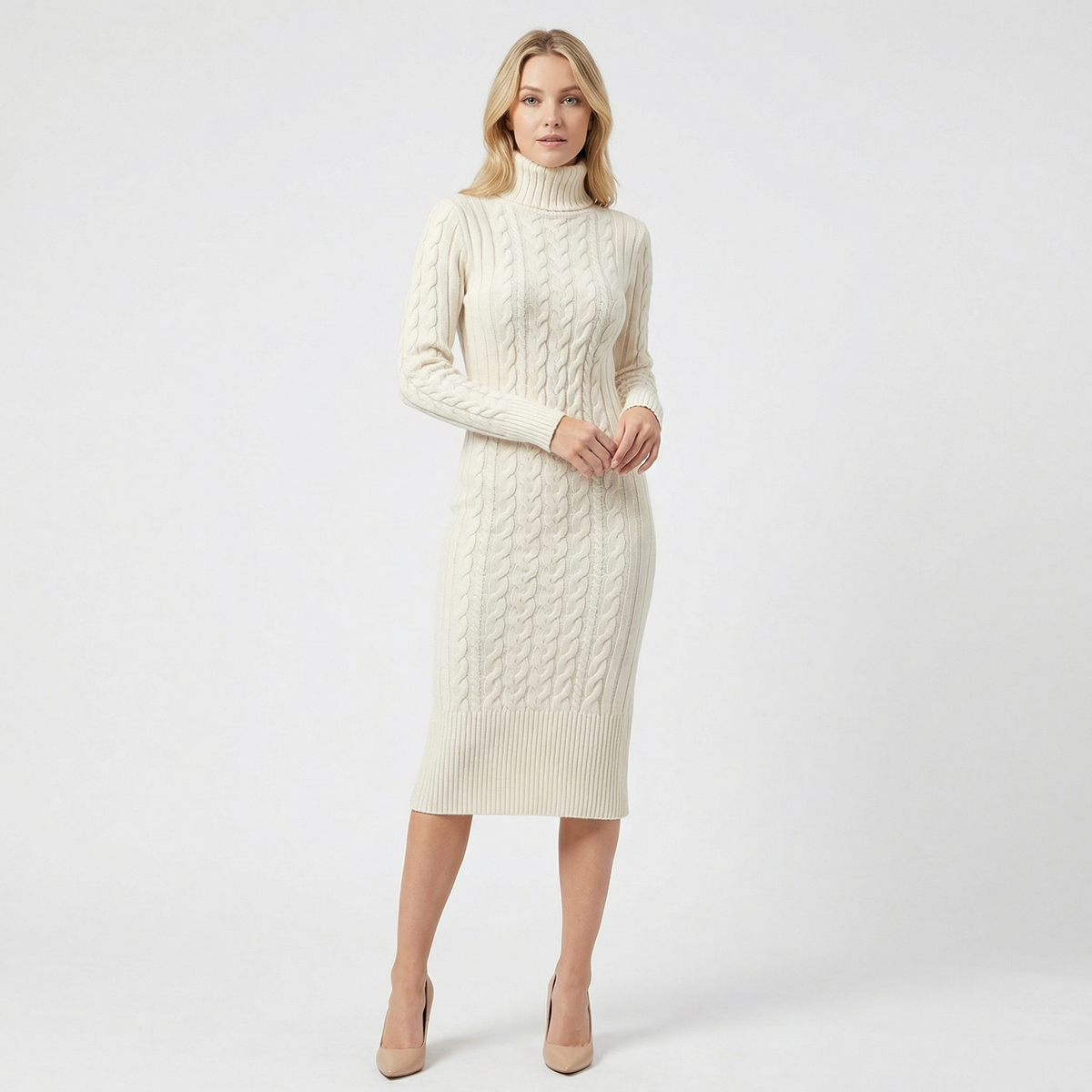 Women's Cable Knit Turtleneck Ribbed Hem Midi Sweater Winter Dress