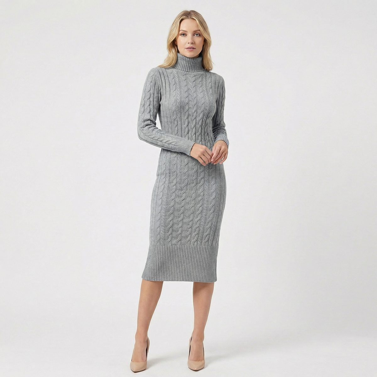 Women's Cable Knit Turtleneck Ribbed Hem Midi Sweater Winter Dress