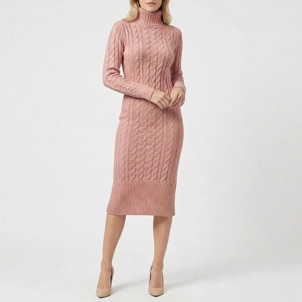 Women's Cable Knit Turtleneck Ribbed Hem Midi Sweater Winter Dress Oxford and Hill
