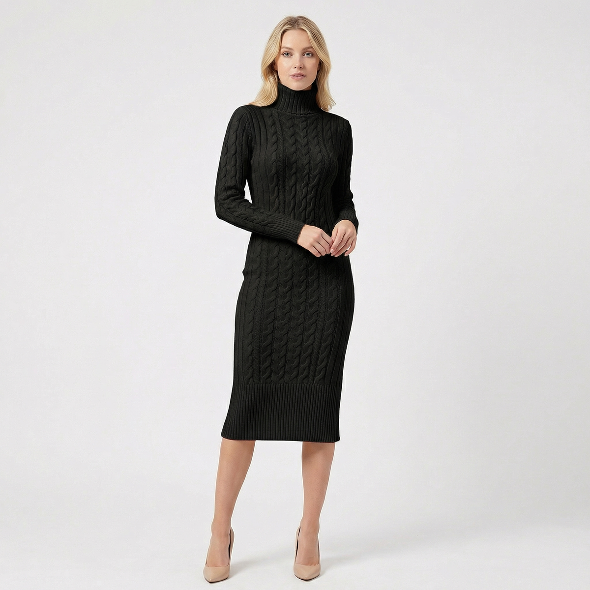 Women's Cable Knit Turtleneck Ribbed Hem Midi Sweater Winter Dress