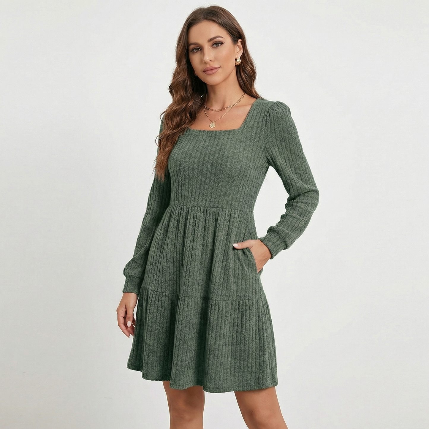 Women's Ribbed Knit Square Neck Tiered Mini Sweater Dress