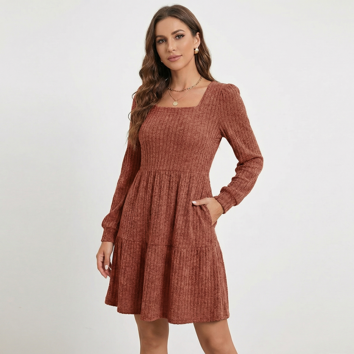 Women's Ribbed Knit Square Neck Tiered Mini Sweater Dress
