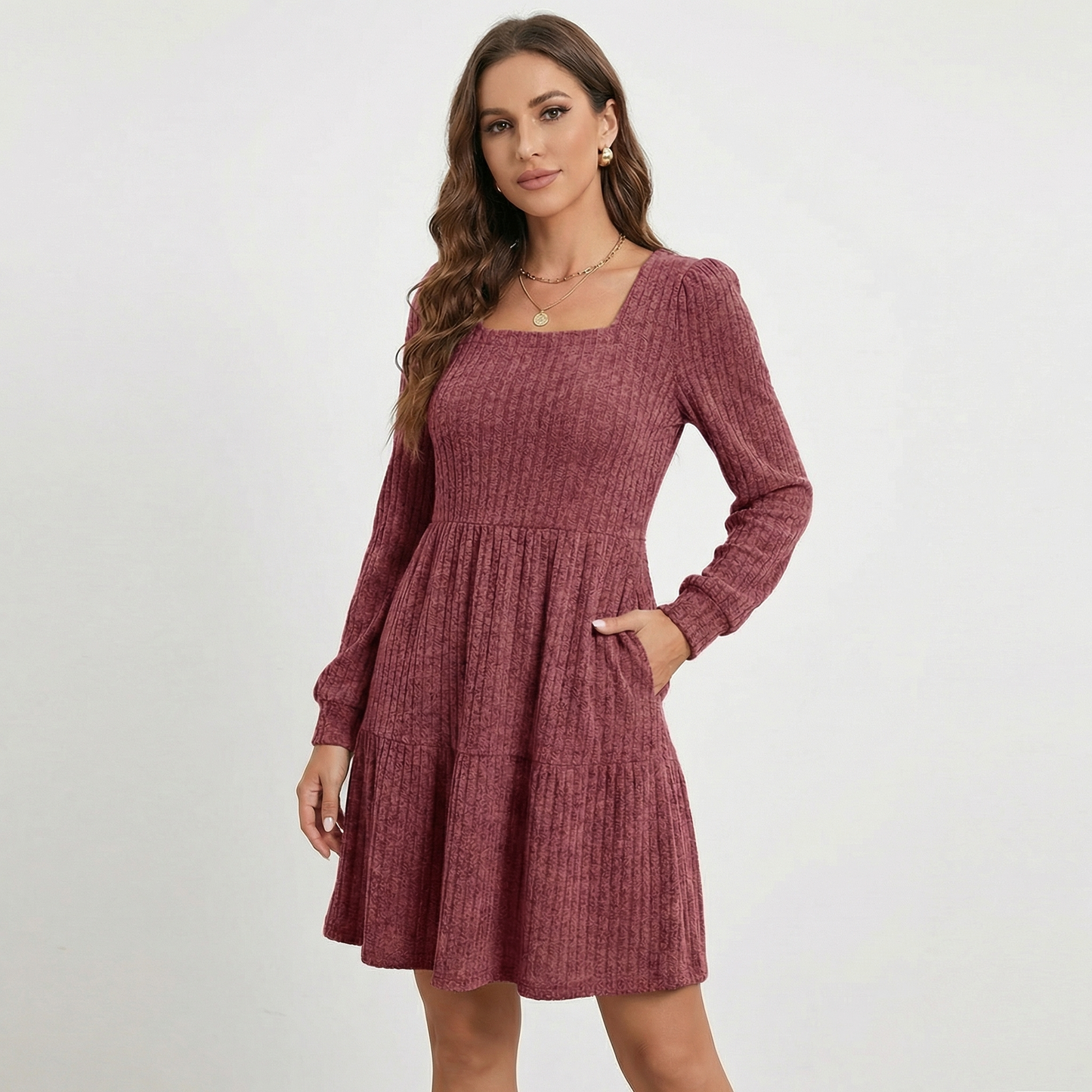 Women's Ribbed Knit Square Neck Tiered Mini Sweater Dress