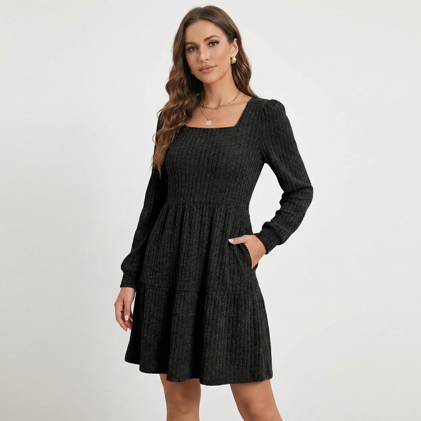 Women's Ribbed Knit Square Neck Tiered Mini Sweater Dress