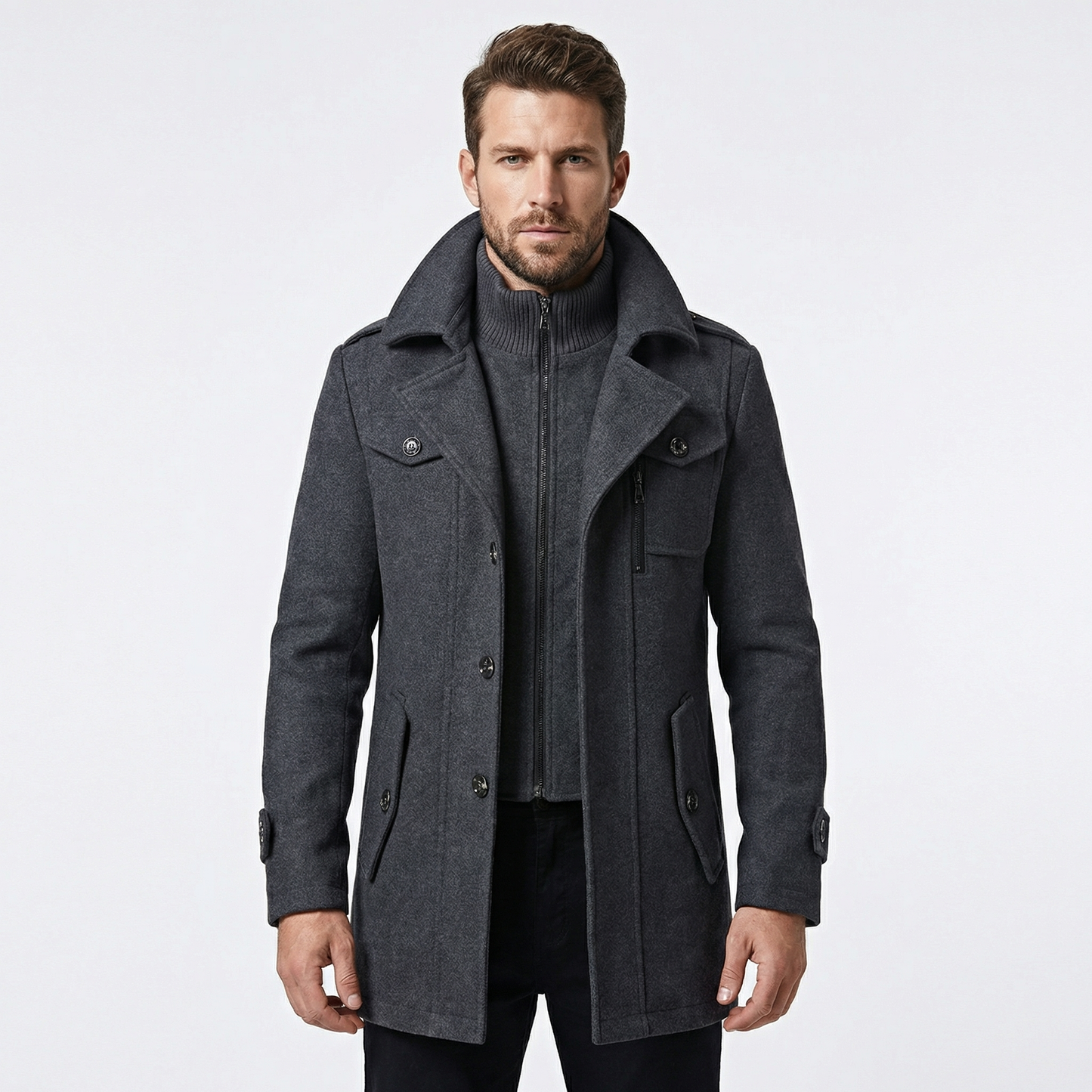 Men's Double Collar Wool Overcoat Smart Casual Winter Jacket