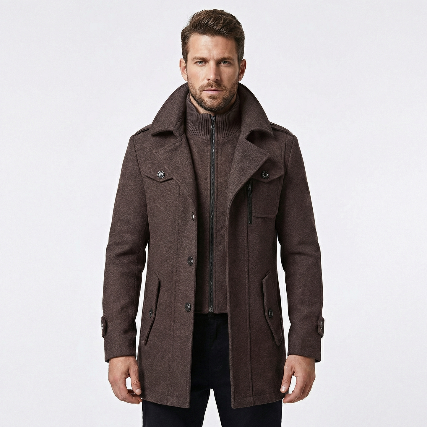Men's Double Collar Wool Overcoat Smart Casual Winter Jacket