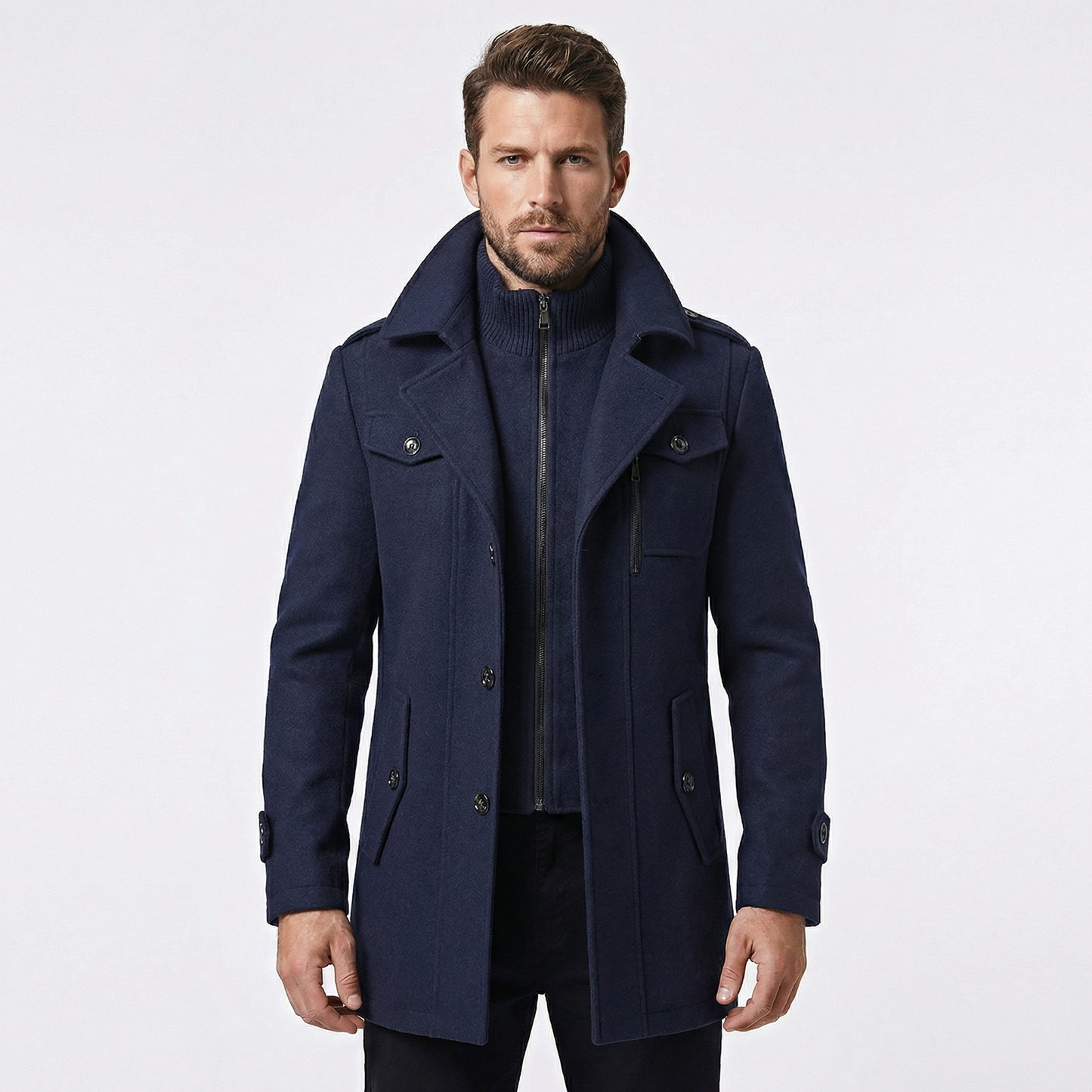 Men's Double Collar Wool Overcoat Smart Casual Winter Jacket