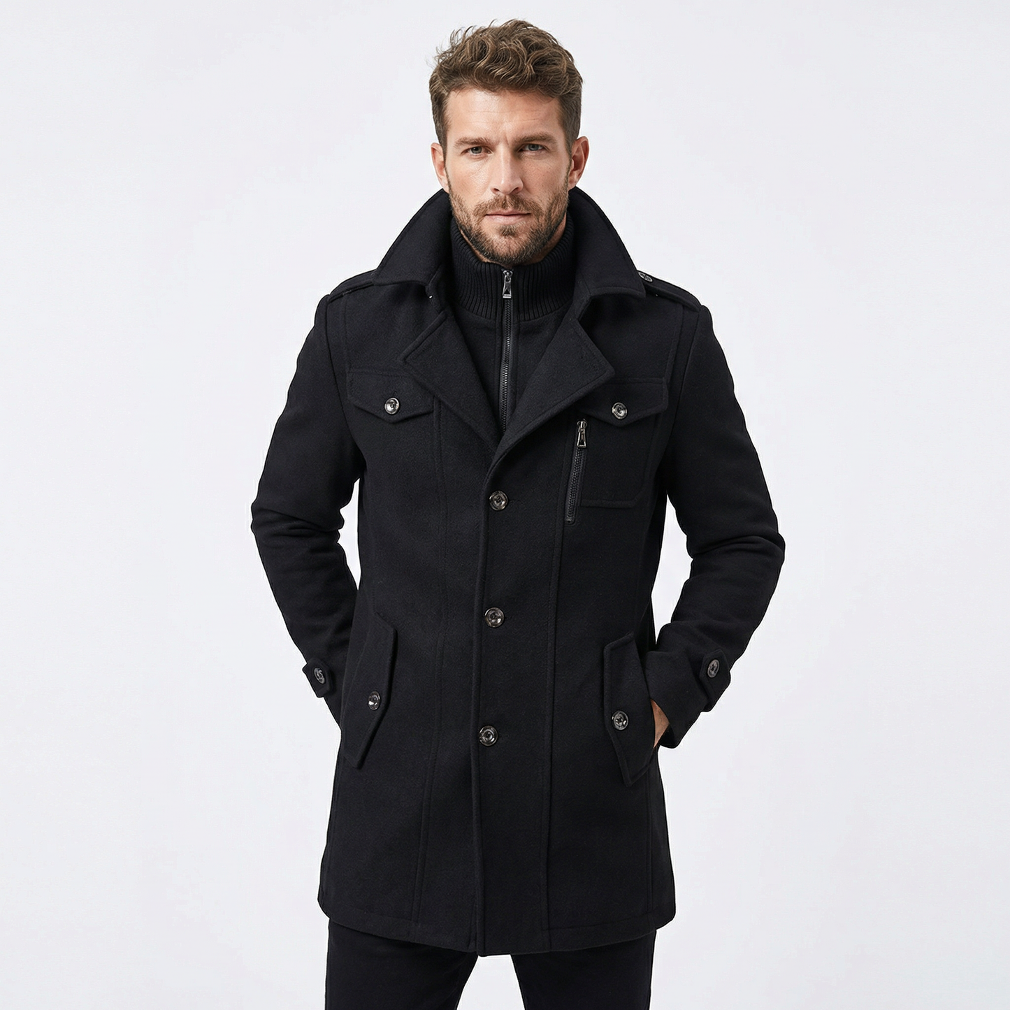 Men's Double Collar Wool Overcoat Smart Casual Winter Jacket
