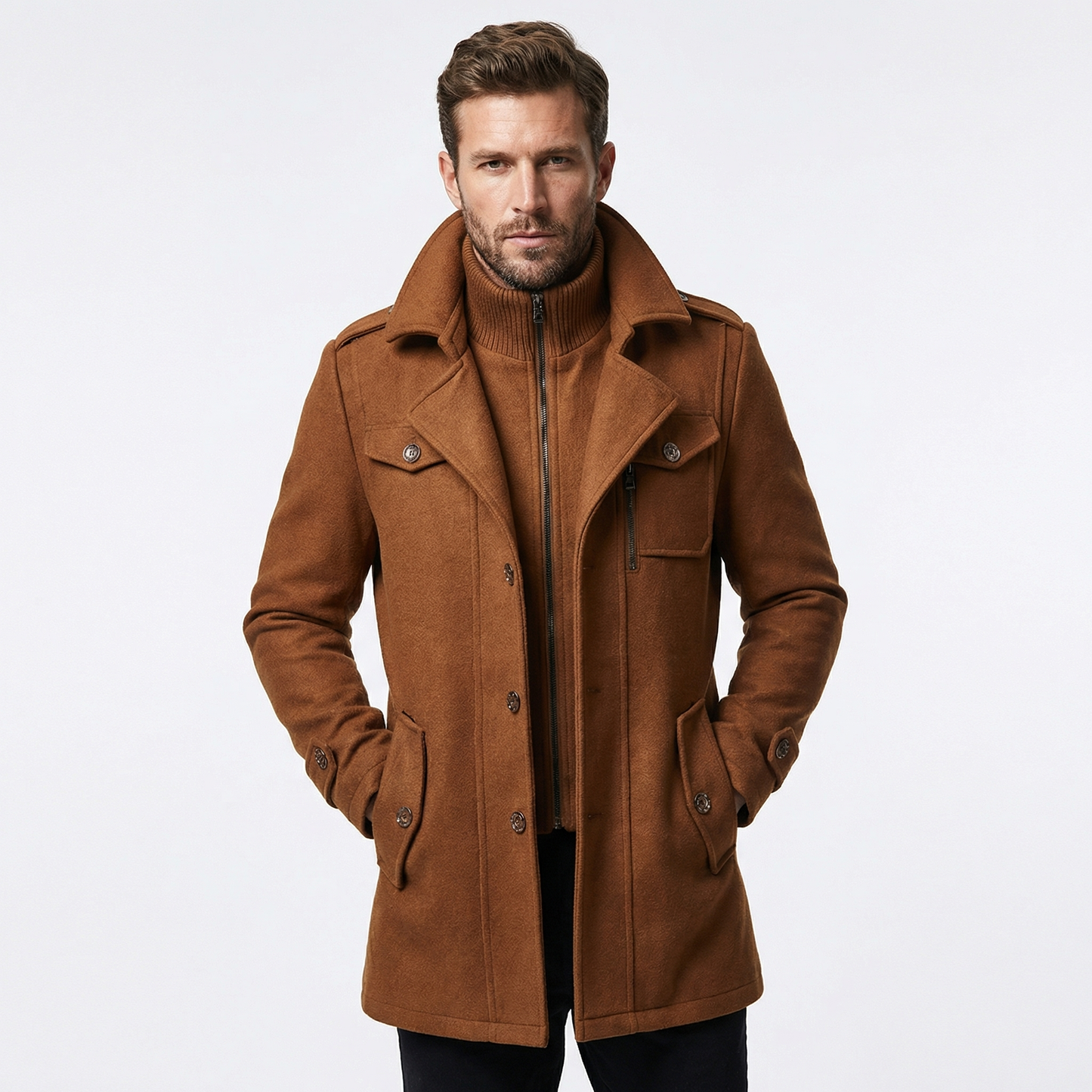 Men's Double Collar Wool Overcoat Smart Casual Winter Jacket