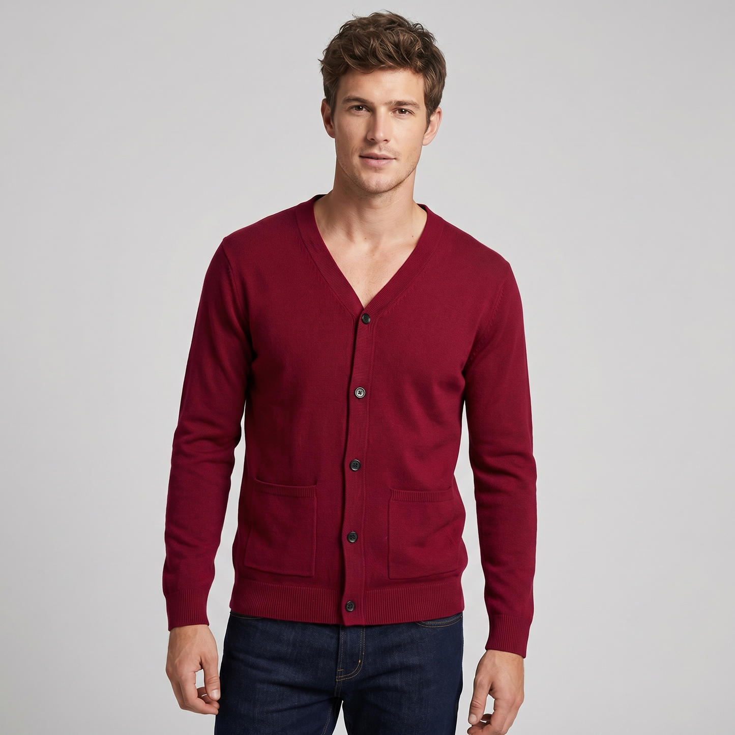 Men's V-Neck Button Up Knit Cardigan Sweater with Pockets
