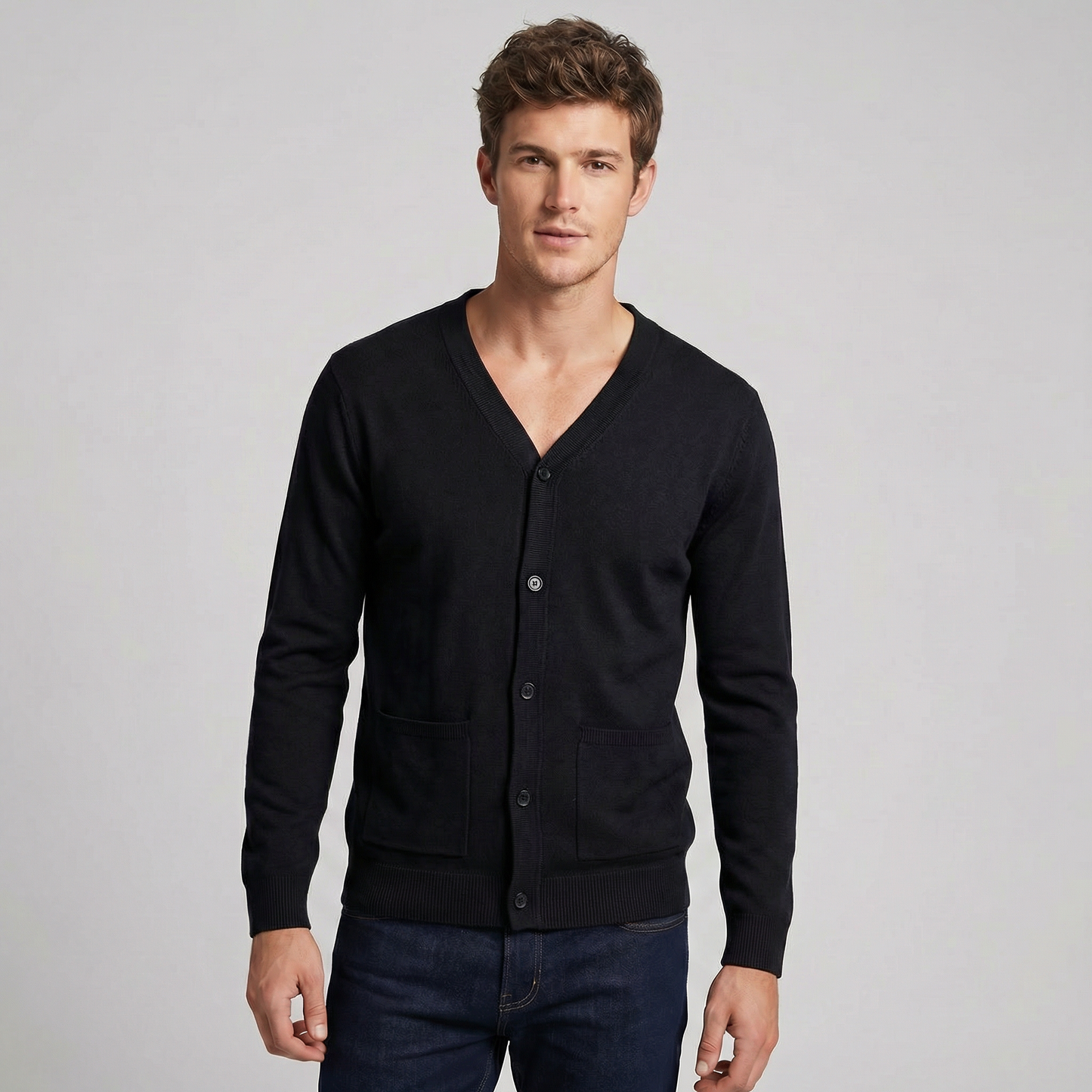 Men's V-Neck Button Up Knit Cardigan Sweater with Pockets