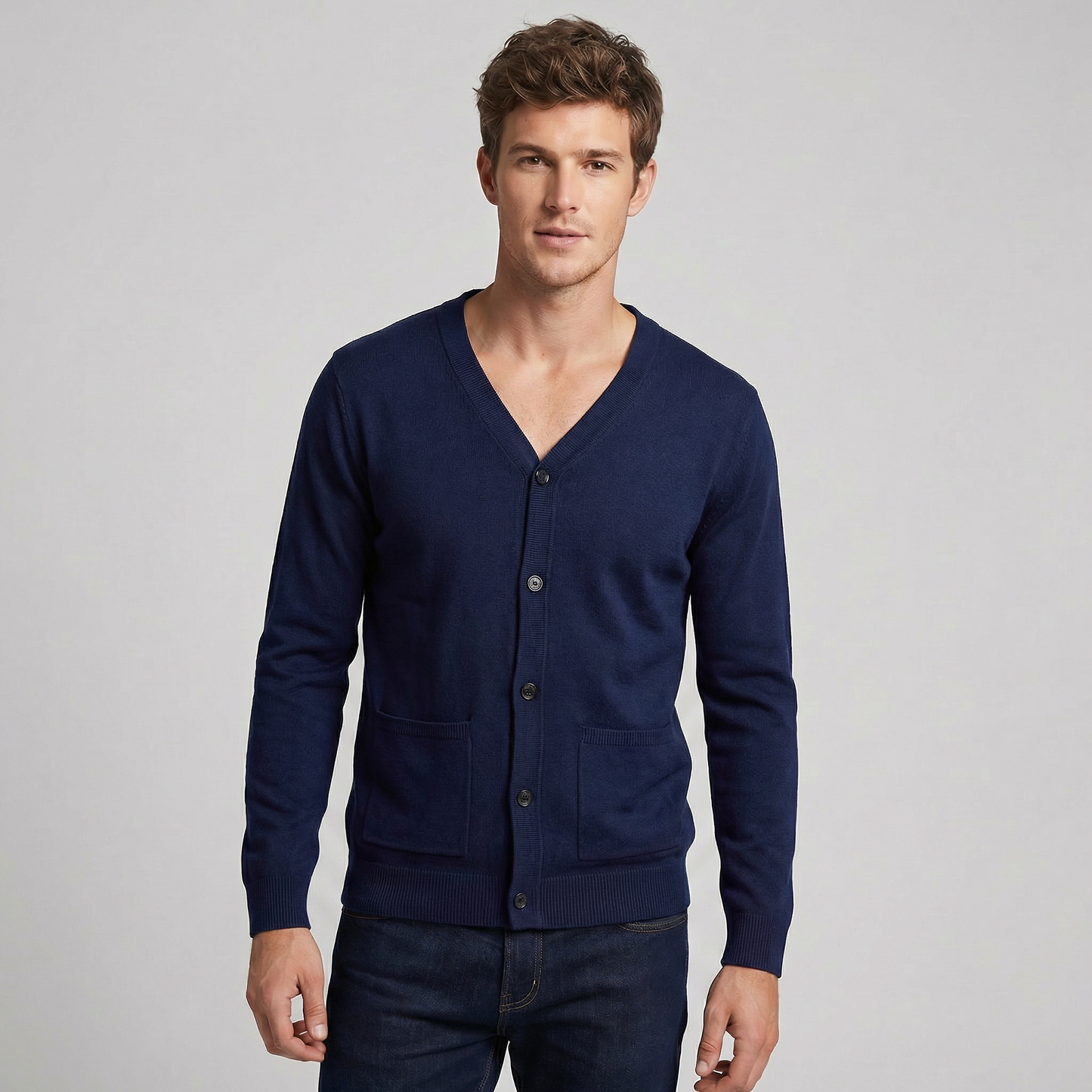 Men's V-Neck Button Up Knit Cardigan Sweater with Pockets