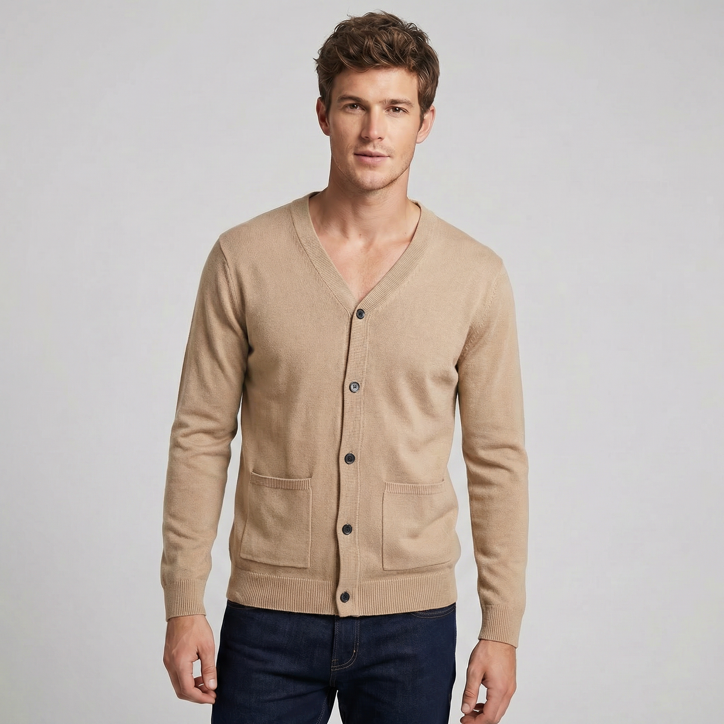 Men's V-Neck Button Up Knit Cardigan Sweater with Pockets