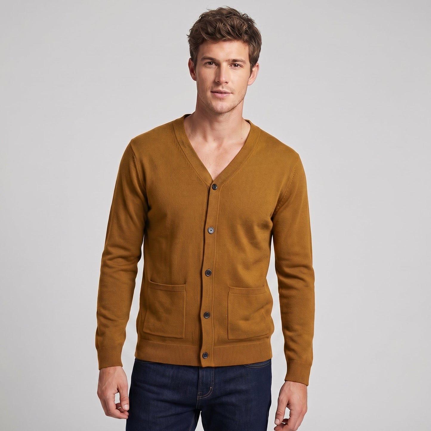 Men's V-Neck Button Up Knit Cardigan Sweater with Pockets