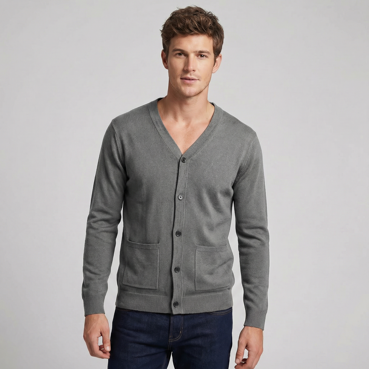 Men's V-Neck Button Up Knit Cardigan Sweater with Pockets