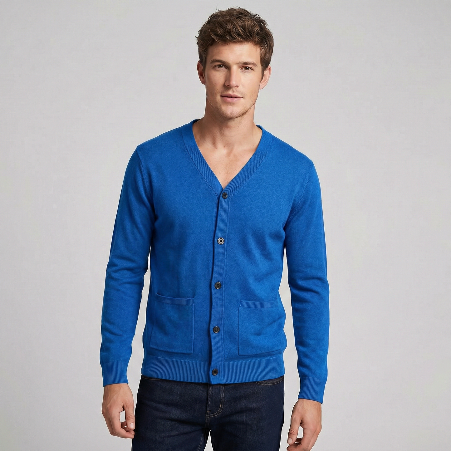 Men's V-Neck Button Up Knit Cardigan Sweater with Pockets