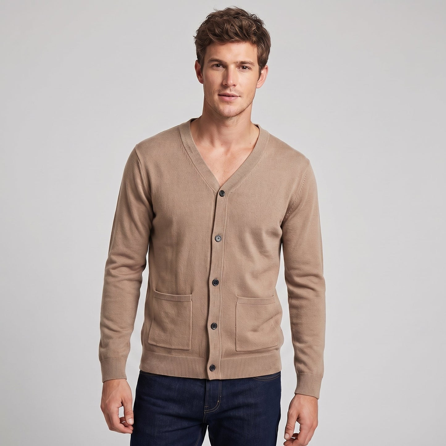 Men's V-Neck Button Up Knit Cardigan Sweater with Pockets