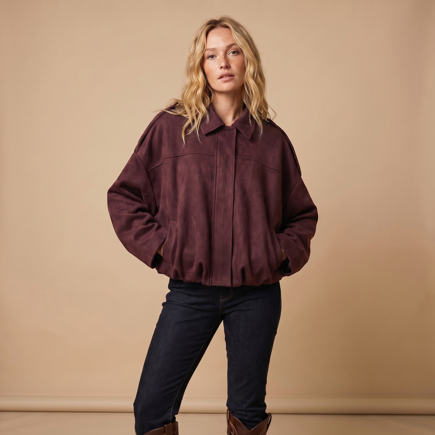 Women's Oversized Faux Suede Zip-Up Moto Bomber Jacket